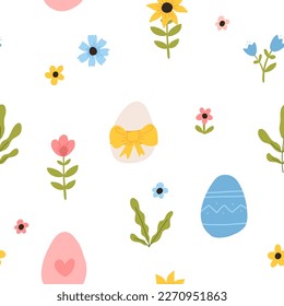 Vector color hand-drawn children cute easter seamless pattern with hens, bunny, easter eggs, flowers in scandinavian style. Easter colorful set. Doodle cartoon spring background. Happy easter.