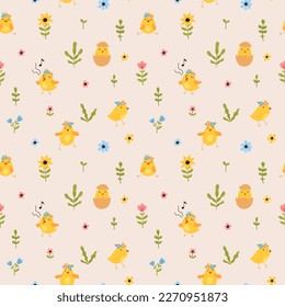 Vector color hand-drawn children cute easter seamless pattern with hens, bunny, easter eggs, flowers in scandinavian style. Easter colorful set. Doodle cartoon spring background. Happy easter.