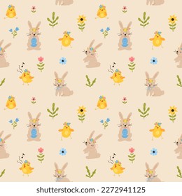 Vector color hand-drawn children cute easter seamless pattern with hens, bunny, easter eggs, flowers in scandinavian style. Easter colorful set. Doodle cartoon spring background. Happy easter.
