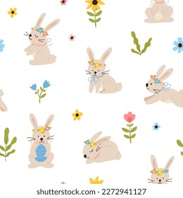 Vector color hand-drawn children cute easter seamless pattern with hens, bunny, easter eggs, flowers in scandinavian style. Easter colorful set. Doodle cartoon spring background. Happy easter.