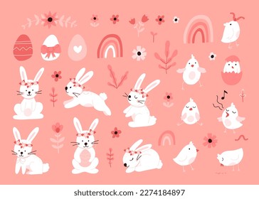 Vector color hand-drawn children cute easter set with bunny, chick and easter eggs, flowers in scandinavian style on a white background. Easter set. Spring. Happy easter.