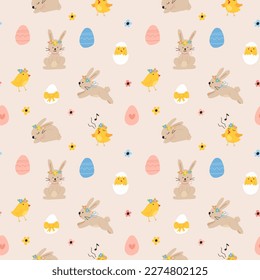 Vector color hand-drawn children cute easter seamless pattern with hens, bunny, easter eggs, flowers in scandinavian style. Easter colorful set. Doodle cartoon spring background. Happy easter.