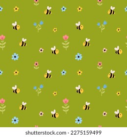Los niños dibujados a mano en color vectorial adoran un adorable patrón de Semana Santa sin costura con abejas y flores de estilo escandinavo. Colorido conjunto de Semana Santa. Fondo de primavera de dibujos animados Doodle. Feliz Pascua.