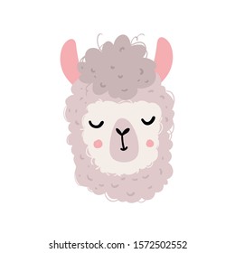 Vector color hand-drawn children`s illustration, poster, print, postcard with a cute cheerful smiling llama in Scandinavian style on a white background. Cute baby animals. Alpaca. Isolated objects.