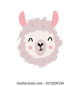 Vector color hand-drawn children`s illustration, poster, print, postcard with a cute cheerful smiling llama in Scandinavian style on a white background. Cute baby animals. Alpaca. Isolated objects.