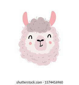 Vector color hand-drawn children`s illustration, poster, print, postcard with a cute cheerful smiling llama in Scandinavian style on a white background. Cute baby animals. Alpaca. Isolated objects.