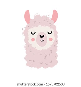 Vector color hand-drawn children`s illustration, poster, print, postcard with a cute cheerful smiling llama in Scandinavian style on a white background. Cute baby animals. Alpaca. Isolated objects.