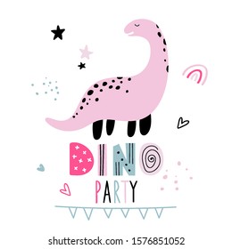 Vector color hand-drawn children`s illustration, poster, invitation, postcard with cute  dinosaur, hearts, rainbow and lettering dino party in Scandinavian style on a white background. 