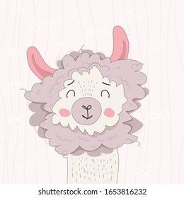 Vector color hand-drawn children`s illustration with a cute cheerful smiling llama in Scandinavian style isolated on light pink background. Cute baby animals. Alpaca for poster, print, postcard
