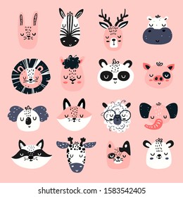 Vector color hand-drawn children`s set with different cute animals in Scandinavian style on a pink background. Set with animal heads. Cute baby animals.