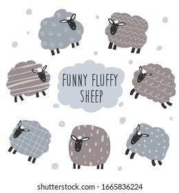 Vector color hand-drawn children`s set with cute fluffy lambs in Scandinavian style on a white background. Vector set with lambs and dots. Cute baby animals. Count the sheep. Sheeps.