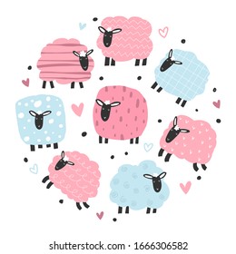 Vector color hand-drawn children`s set with cute fluffy lambs in Scandinavian style on a white background. Vector set with lambs, hearts and dots. Cute baby animals. Count the sheep. Sheeps.