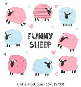 Vector color hand-drawn children`s set with cute fluffy lambs in Scandinavian style on a white background. Vector set with lambs and hearts. Cute baby animals. Count the sheep. Sheeps.