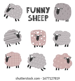 Vector color hand-drawn children`s set with cute fluffy lambs in Scandinavian style on a white background. Vector set with lambs and hearts. Cute baby animals. Count the sheep. Sheeps.
