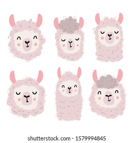 Vector color hand-drawn cute child set with smiling scandinavian style lamas on a white background. Vector set with alpacas heads. Cute baby animals. Isolated objects on a white background.