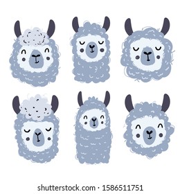 Vector color hand-drawn cute child set with smiling scandinavian style lamas on a white background. Vector set with alpacas heads.Cute baby animals. Isolated objects on a white background.llamas heads