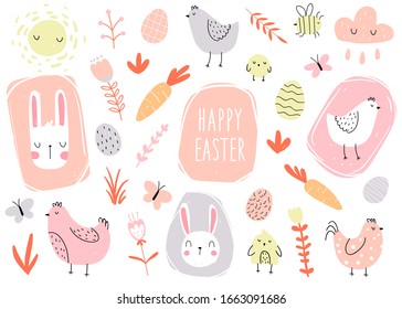 Vector color hand-drawn children’s cute easter set with hens, bunny, easter eggs carrots, butterfly and flowers in scandinavian style on a white background. Easter set. Spring. Happy easter.