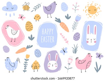 Vector color hand-drawn children’s cute easter set with hens, bunny, easter eggs carrots, butterfly and flowers in scandinavian style on a white background. Easter set. Spring. Happy easter.