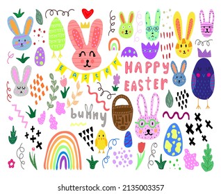 Colores vectoriales del adorable juego de Pascua infantil con gallinas, conejito, zanahorias de huevos de pascua, aves de gallinas arco iris, flores de estilo escandinavo con fondo blanco. Fiesta de Pascua. Primavera. Este feliz