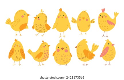 Vector color handdrawn cute easter set with chickens in flat style on a white background. Easter set. Spring. Happy easter