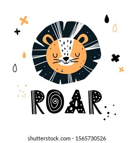 Vector color hand-drawn cute illustration of a lion and the inscription Roar in the Scandinavian style. Children's poster, postcard, print with a cute lion and lettering. Cute baby animals. Roar.