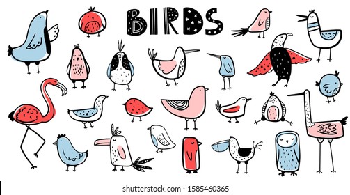 Vector color hand-drawn doodle set with cute birds in Scandinavian style on a white background. Cute baby animals. Vector set with different birds. Isolated objects on a white background.