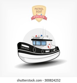 Vector color handdrawn illustration of a isolated police boat. Side view. Logo template, print on fabric. police emblem with ribbon and blue red white spotlight.