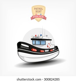 Vector color handdrawn illustration of a isolated police boat. Side view. Logo template, print on fabric. police emblem with ribbon and blue red white spotlight.