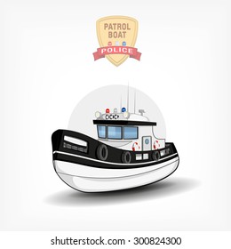 Vector color handdrawn illustration of a isolated police boat. Side view. Logo template, print on fabric. police emblem with ribbon and blue red white spotlight.