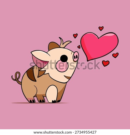 Vector color hand-drawn illustration of a pink baby pig in love with a heart on a pink background.