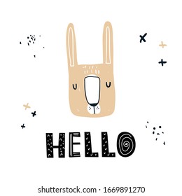 Dibujo infantil, afiche, papel, tarjeta de color vectorial con un lindo conejito, gotas, cruces y adiós con letras en estilo escandinavo sobre un fondo blanco. Animales bebés. escandinavo