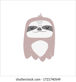 Vector color hand-drawn children’s illustration, poster, print, card with a cute sloth in Scandinavian style on a white background. Cute baby animals. Scandinavian. Baby print with sloth
