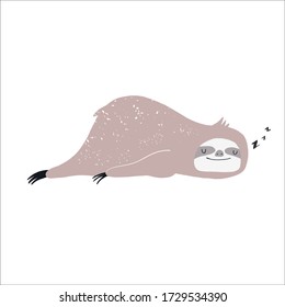 Vector color hand-drawn children’s illustration, poster, print, card with a cute sleeping sloth in Scandinavian style on a white background. Cute baby animals. Scandinavian. Baby print with sloth
