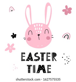 Vector color hand-drawn children’s illustration, print, card with a cute bunny, flowers, rainbow and lettering  easter time in Scandinavian style on a white background.Cute baby animals. Easter card.