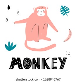 Vector color hand-drawn children’s illustration, print, card with a cute 
 monkey, drops, bananas, monstera and lettering monkey in Scandinavian style on a white background. Cute baby animals.