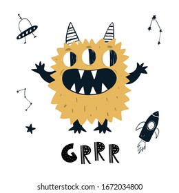 Vector color hand-drawn children’s illustration, print, card with a cute yellow monster alien drops and lettering grrr in Scandinavian style on a white background. Cute baby monster. Space.
