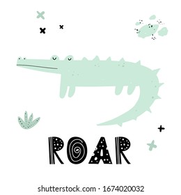 Vector color hand-drawn children’s illustration, print, card with a cute green crocodile and lettering Roar in Scandinavian style on a white background. Cute baby animals. Baby print. Reptile.
