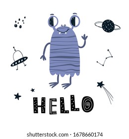 Vector color hand-drawn children’s illustration, print, card with a cute purple monster alien, doodles and lettering hello in Scandinavian style on a white background. Cute baby monster. Space.