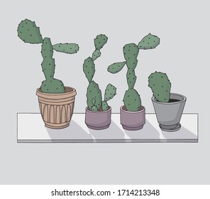 Vector color hand-drawn illustration set of cacti in flower pots . Home decor items. Isolated objects on white background. 