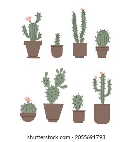 Vector color handdrawn illustration set with cute cactus. Isolated on white background. 