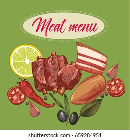 Vector Color hand-drawn meat menu set design banner advertising