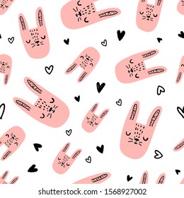 Vector color hand-drawn seamless repeating childish cute pattern with pink bunnies and hearts in Scandinavian style on a white background. Childish pattern with cute animals.