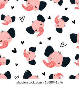 Vector color hand-drawn seamless repeating childish cute pattern with pink elephants and hearts in Scandinavian style on a white background. Childish pattern with cute animals.