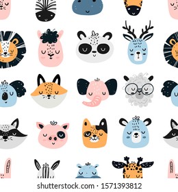 Vector color hand-drawn seamless repeating childish cute pattern with cute animals in Scandinavian style on a white background. Childish pattern with animal faces. Zebra, lion, elephant, bear, raccoon