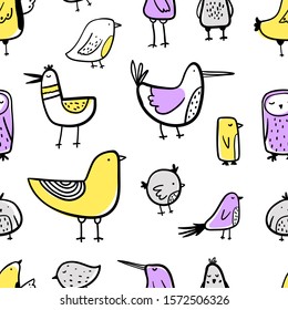 Vector color hand-drawn seamless repeating childish pattern with Various cute contour birds in Scandinavian style on a white background. Seamless pattern with doodle birds.