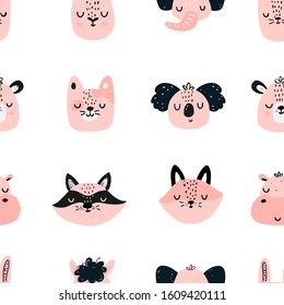 Vector color hand-drawn seamless repeating childish cute pattern with cute animals in Scandinavian style on a white background. Childish pattern with animal faces. Cute baby animals.