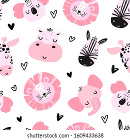 Vector color hand-drawn seamless repeating childish cute pattern with cute animals and hearts in Scandinavian style on a white background. Childish pattern with animal faces. Cute baby animals.