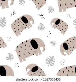 Vector color hand-drawn seamless repeating childish pattern with cute elephants and monstera leaves in Scandinavian style on a white background. Seamless kids scandy pattern. Cute animals. 