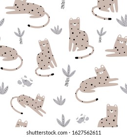 Vector color hand-drawn seamless repeating childish pattern with cute leopards and leaves in Scandinavian style on a white background. Seamless kids scandy pattern. Cute animals. Wild cats pattern.