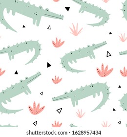 Vector color hand-drawn seamless repeating childish pattern with cute crocodiles, leaves and triangles in Scandinavian style on a white background. Seamless kids scandy pattern. Cute baby animals. 